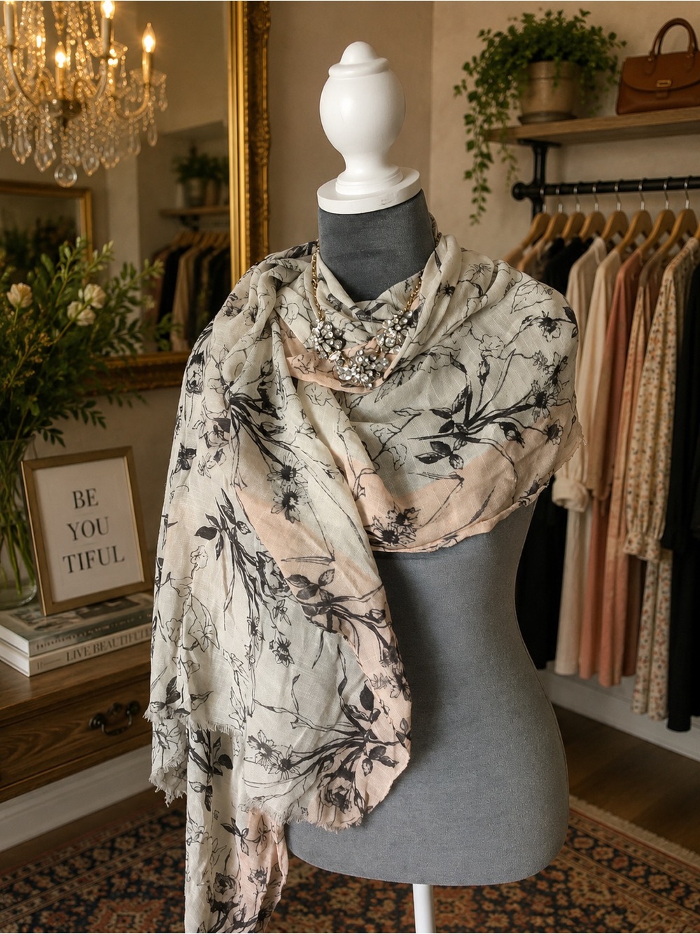 Neutral Floral Lightweight Scarf